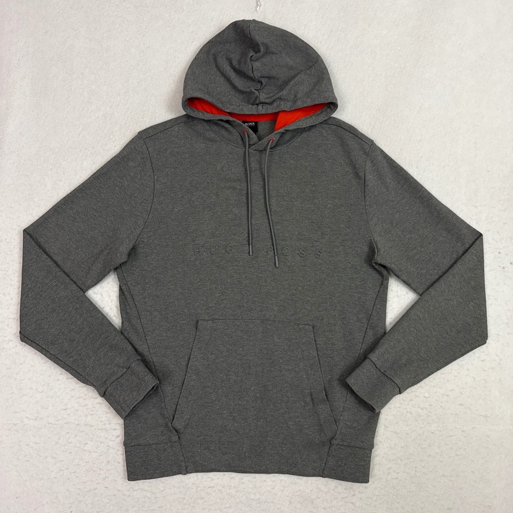 Hugo Boss Soody Hoodie Mens Medium Gray Orange Lining Embossed Logo Sweatshirt